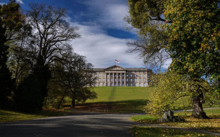 Neoclassical building hill flag autumn - alexander johnston free wallpaper