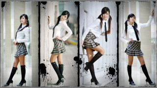 Woman skirt tie posing four - free retro wallpaper
