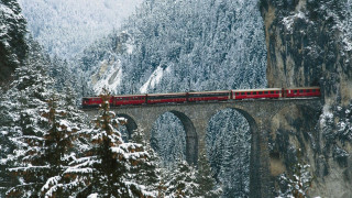 Train bridge mountains snow trees - the mountain free wallpaper