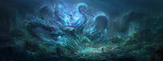 Giant octopus cave man standing - the water in front free wallpaper for desktop