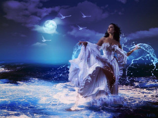 Fantasy woman ocean fullmoon birds - dreamlike free wallpaper