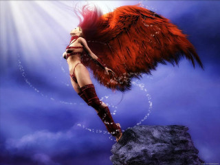 Woman red wings rock sky - dark fantasy art free wallpaper for desktop