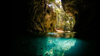 Cave pool entrance water reflection - amazing depth free wallpaper
