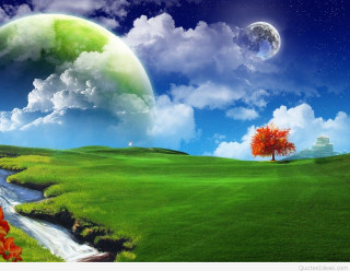 Green field tree stream painting - a moon in the sky free wallpaper