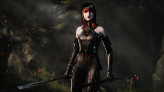 Woman sword forest red eyes - outfit holding free wallpaper
