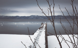 Snowy landscape water fence bench - a snowy landscape free wallpaper for desktop