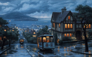 Trolley car rainy night city 6 - rainy free wallpaper