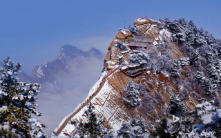 Snowy mountain building trees blue - an zhengwen free wallpaper
