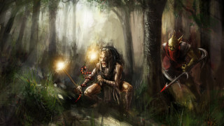 Painting people woods lights sword - two person free wallpaper