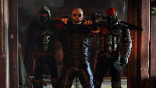 Costumed people guns open door - a man in a mask free wallpaper