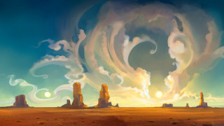 Landscape clouds swirl sky painting - a desert landscape free wallpaper