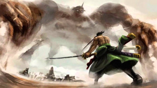 Man sword monster battle painting - a giant monster free wallpaper for desktop