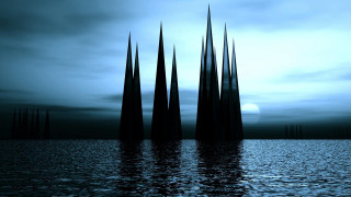 Tall poles floating water moonlit - a full moon in the distance free wallpaper