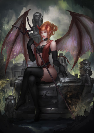 Woman sword statue demon back - free cyberpunk wallpaper