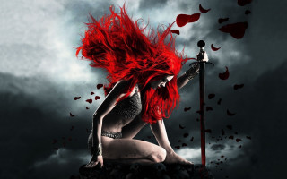 Woman red hair sword kneeling - red hair holding free wallpaper