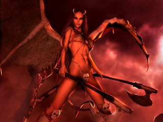 Woman horns demon body axes - demonic free wallpaper