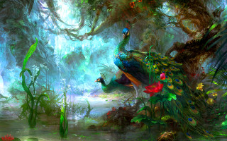 Peacock forest flowers plants painting 2 - a pond and trees free wallpaper for desktop