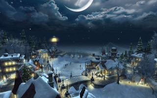 Snowy town full moon clock - magical atmosphere free wallpaper