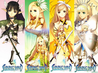 Anime girls swords armors group - their back free wallpaper