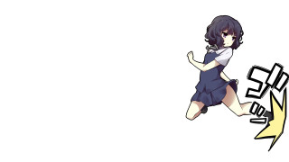 Girl blue dress running yellow - a white background behind her free wallpaper