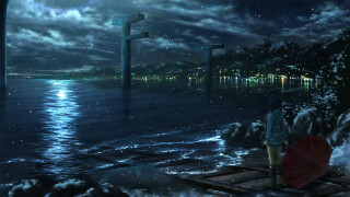 Man dock umbrella night city - a full moon free wallpaper