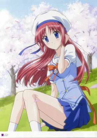 Girl red hair sitting grass - pink flower free wallpaper for mobile