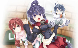 Three anime girls red dress - a picture together in front free wallpaper