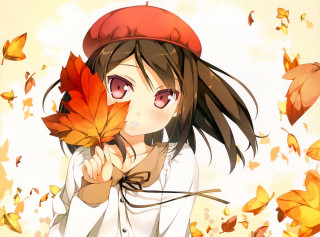 Girl holding leaf hat head - her hand and a hat free wallpaper