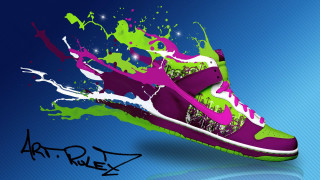 Sneakers paint splatters blue background - a pair of sneakers free wallpaper