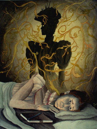 Woman bed man book painting - metaphysical painting free wallpaper for mobile