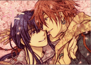 Anime couple hugging pink background 2 - a pink background behind them free wallpaper