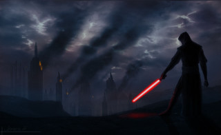 Man holding lightsaber dark sky - a castle in the background free wallpaper