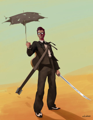 Man umbrella swords desert sand - character concept art free wallpaper