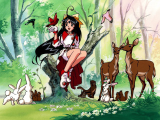 Girl tree animals birds forest - manga and anime 1 9 9 9 free wallpaper
