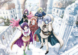 Anime girls snowy street gated - area free wallpaper
