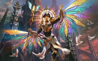 Woman sword wings fantasy setting - a castle in the background free wallpaper