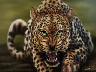 Leopard green eyes snarling face - a digital painting free wallpaper for desktop