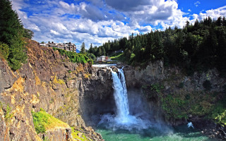 Waterfall man river cliff building - twin peak free wallpaper for desktop