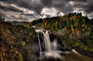 Waterfall bridge train cloudy sky - the fall free wallpaper