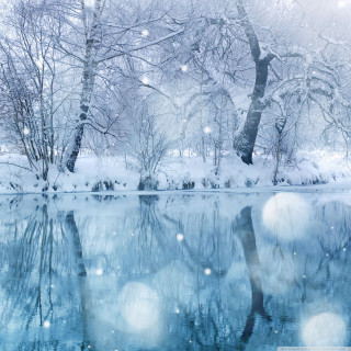 Snowy lake trees snowflakes water 2 - free winter wallpaper for tablet