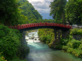 Bridge river red railing cars - japan eishōsai chōki free wallpaper