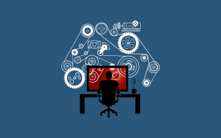 Man sitting desk computer gears - gear free wallpaper for desktop