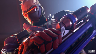 Red helmet man glowing weapon - free neon wallpaper for desktop