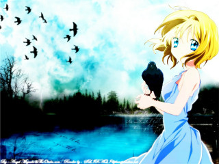 Girl blue dress holding bird - the sky above her free wallpaper