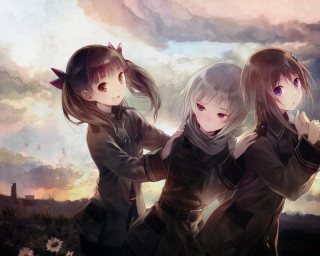 Three anime girls cloudy sky 2 - their pocket free wallpaper