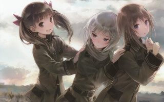 Three anime girls cloudy sky 4 - three anime girl free wallpaper for desktop