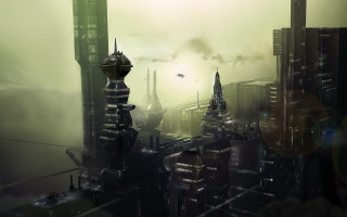 Futuristic city plane flying over - cedric peyravernay free wallpaper for desktop