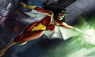 Cartoon character flying green light - her hand and a building in the background free wallpaper
