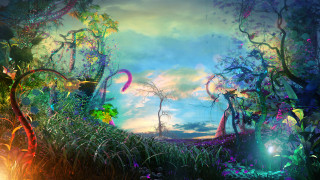 Forest sky trees plants painting - blue sky in the background free wallpaper