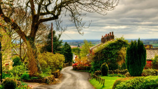 Road tree house cloudy sky - both side free wallpaper for desktop